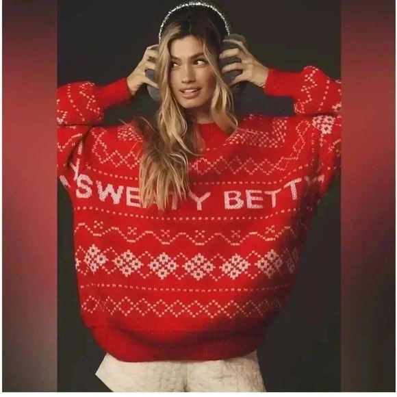 NWT Sweaty Betty Snow Fairisle Wool Mohair Sweater Firebird Orange S/M - Picture 2 of 9